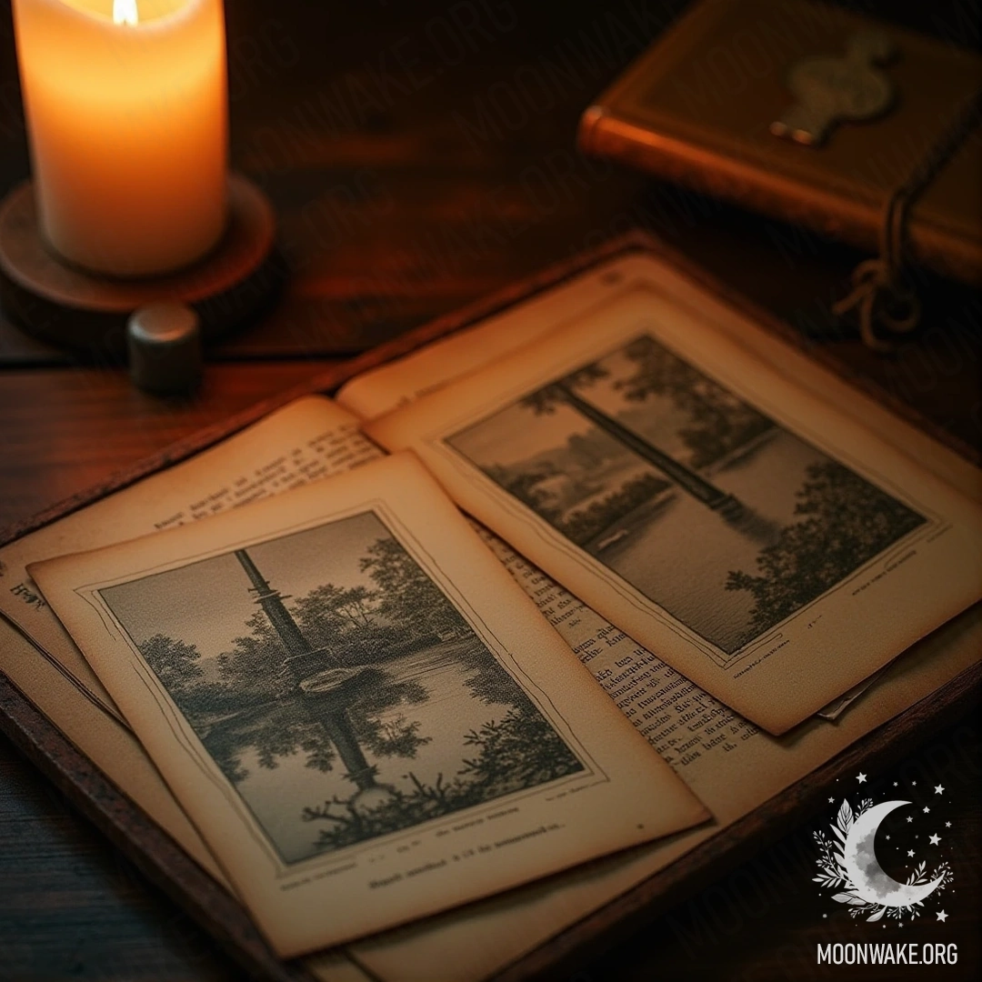 Ancient postcards on a wooden table with flickering candlelight