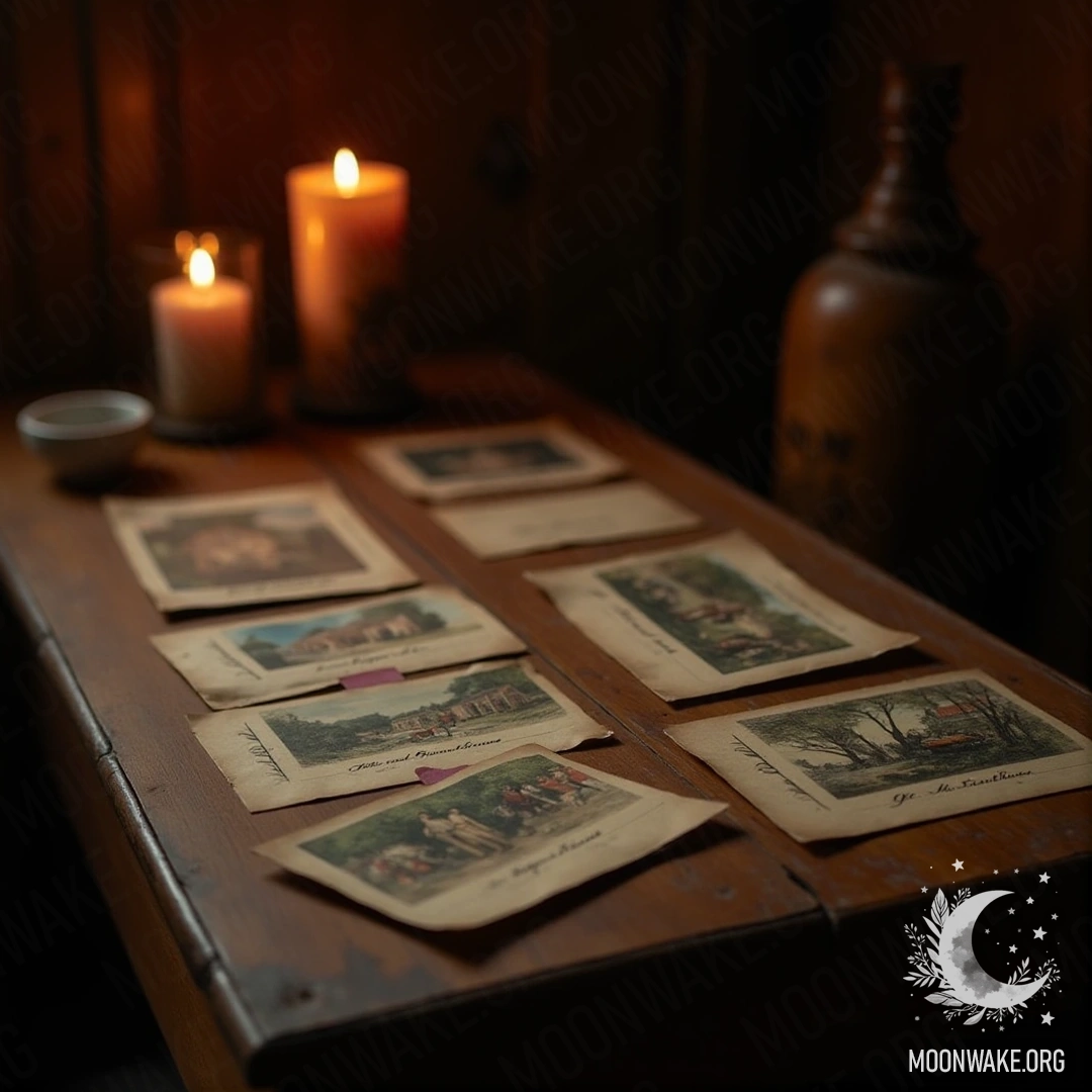 Ancient postcards on a wooden table with flickering candlelight