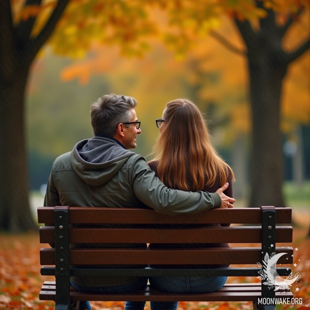 A couple sitting on a park bench surrounded by autumn leaves.