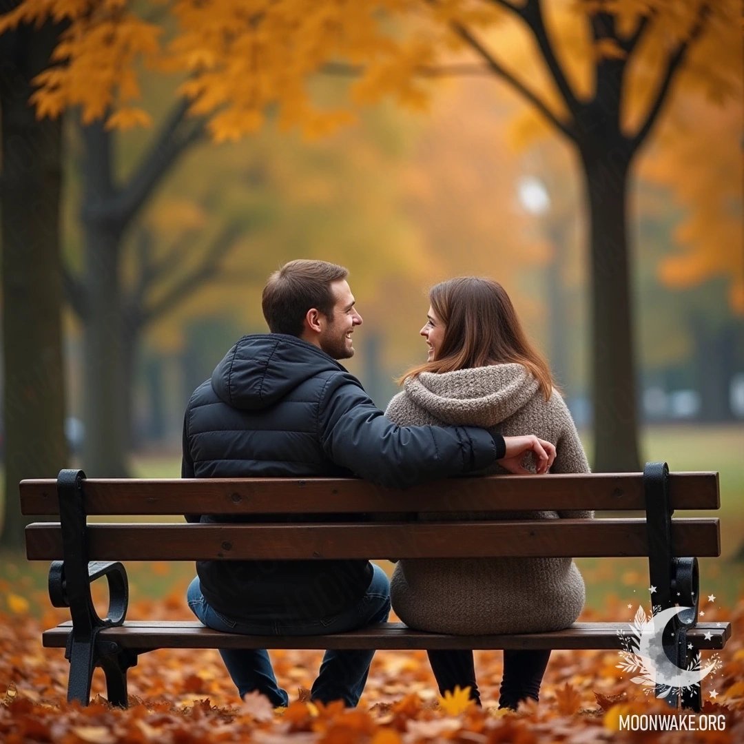 A couple sitting on a park bench surrounded by autumn leaves.