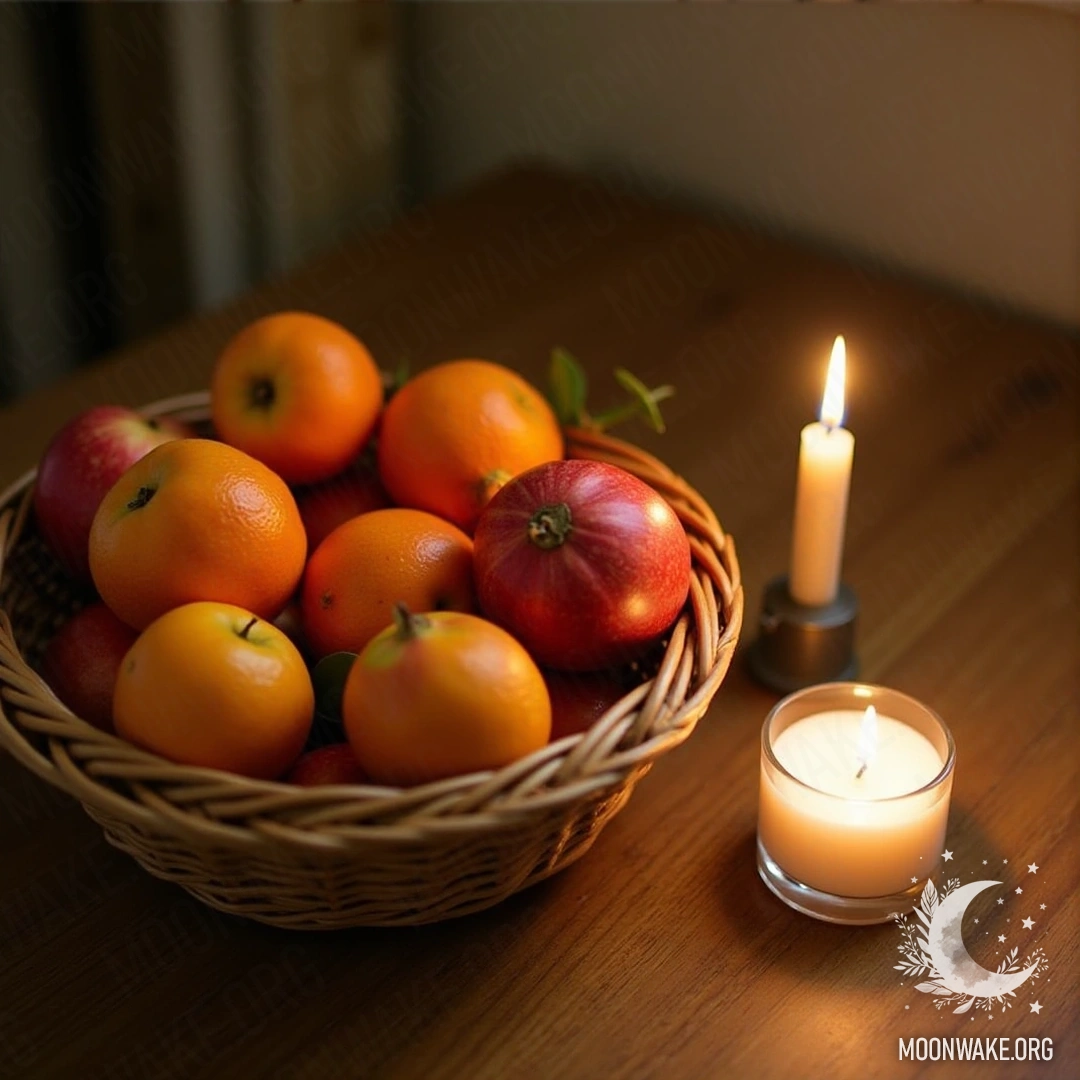 A basket filled with fresh apples, oranges, and pomegranates next to a lit candle on a wooden table.
