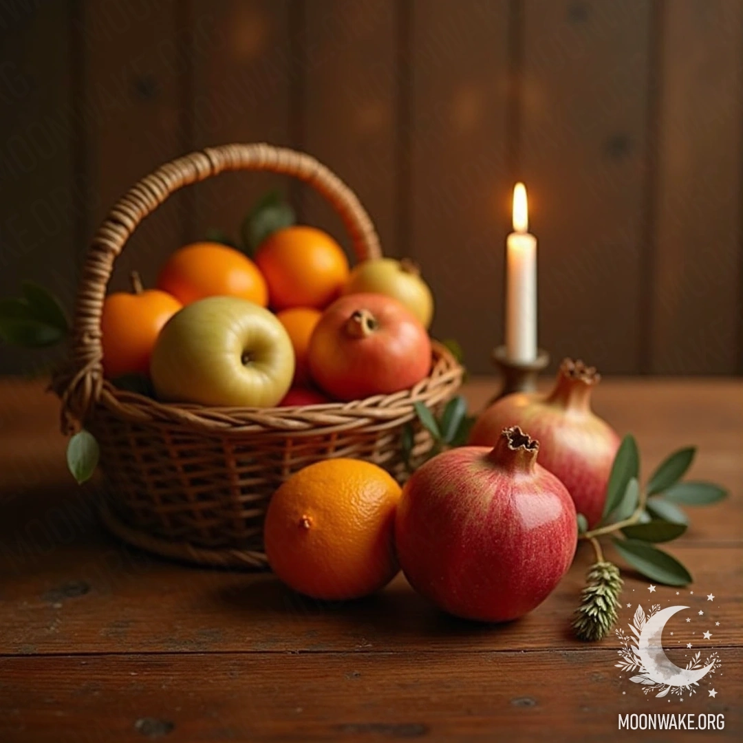 A basket filled with fresh apples, oranges, and pomegranates next to a lit candle on a wooden table.