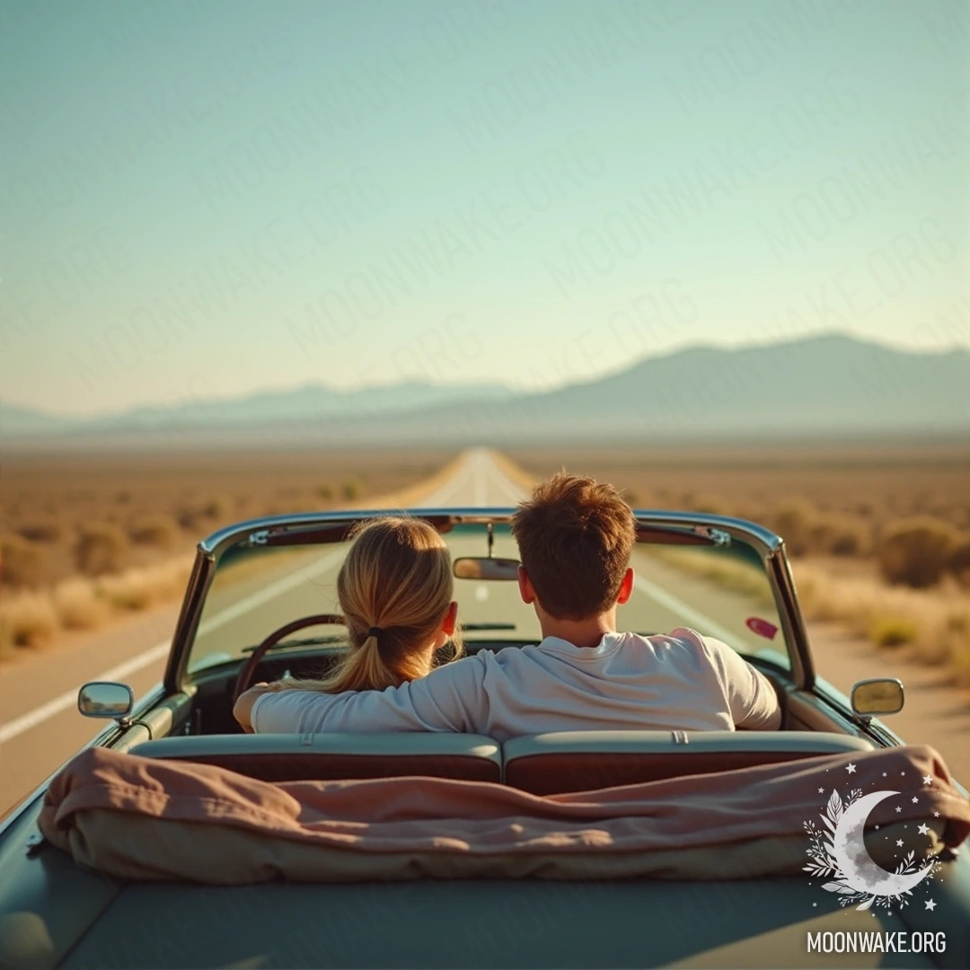 A couple enjoying a scenic road trip in a vintage car on an open road.