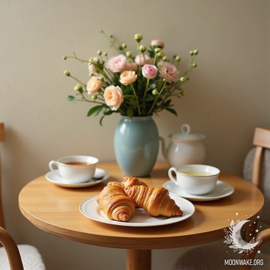 A small wooden table set for breakfast featuring croissants, a pot of tea, and flowers.