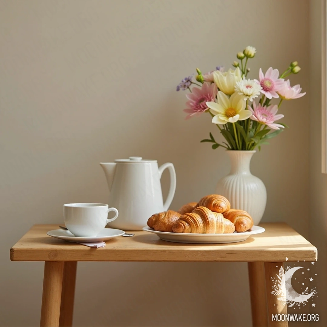 A small wooden table set for breakfast featuring croissants, a pot of tea, and flowers.