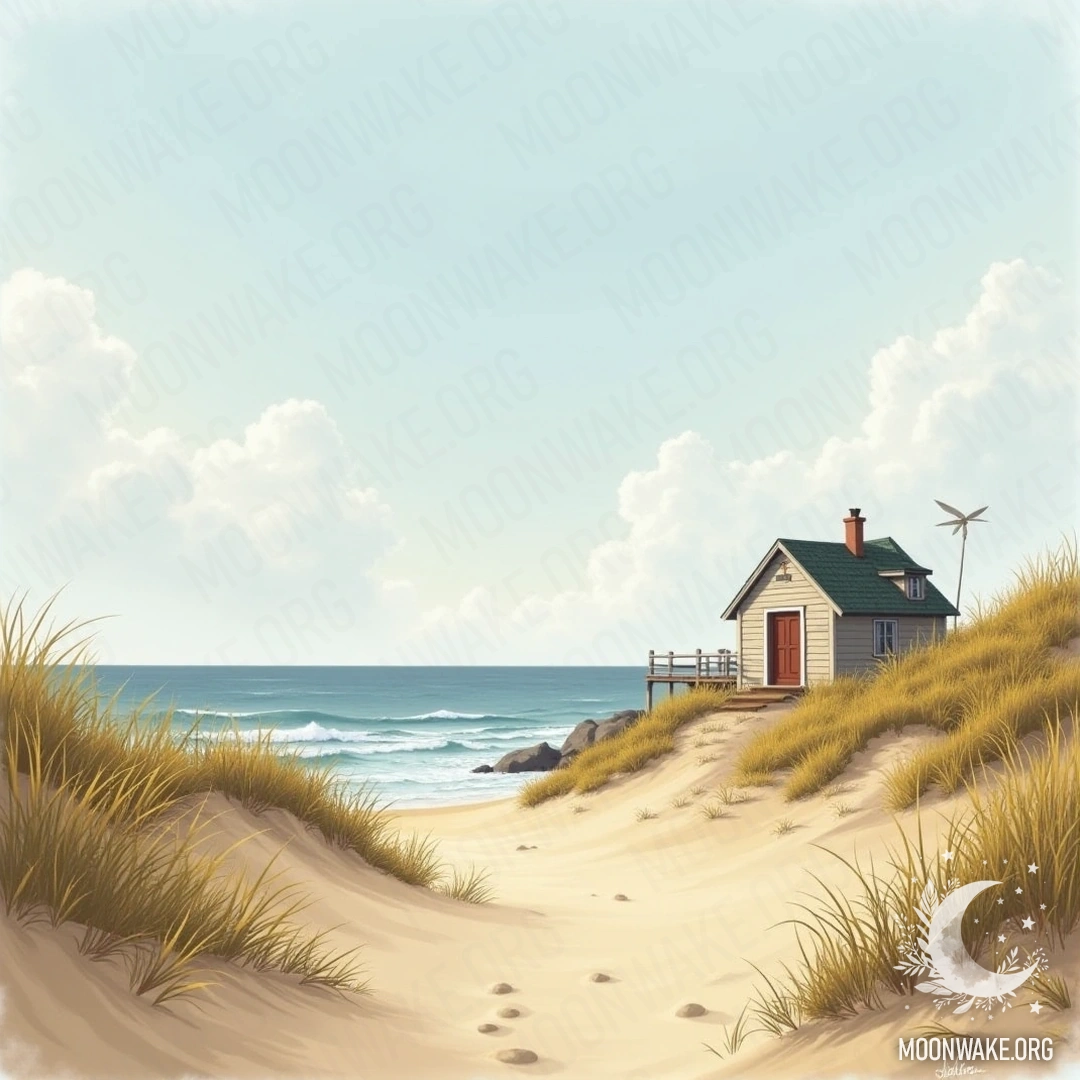 A quaint cottage nestled among soft dunes and golden sand, with waves gently crashing on the shore.