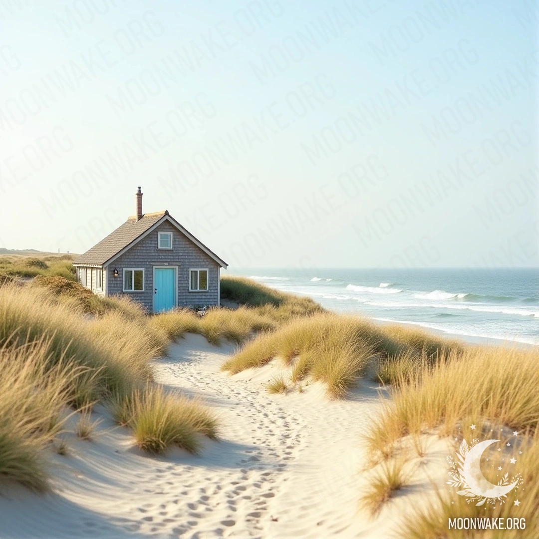 A quaint cottage nestled among soft dunes and golden sand, with waves gently crashing on the shore.