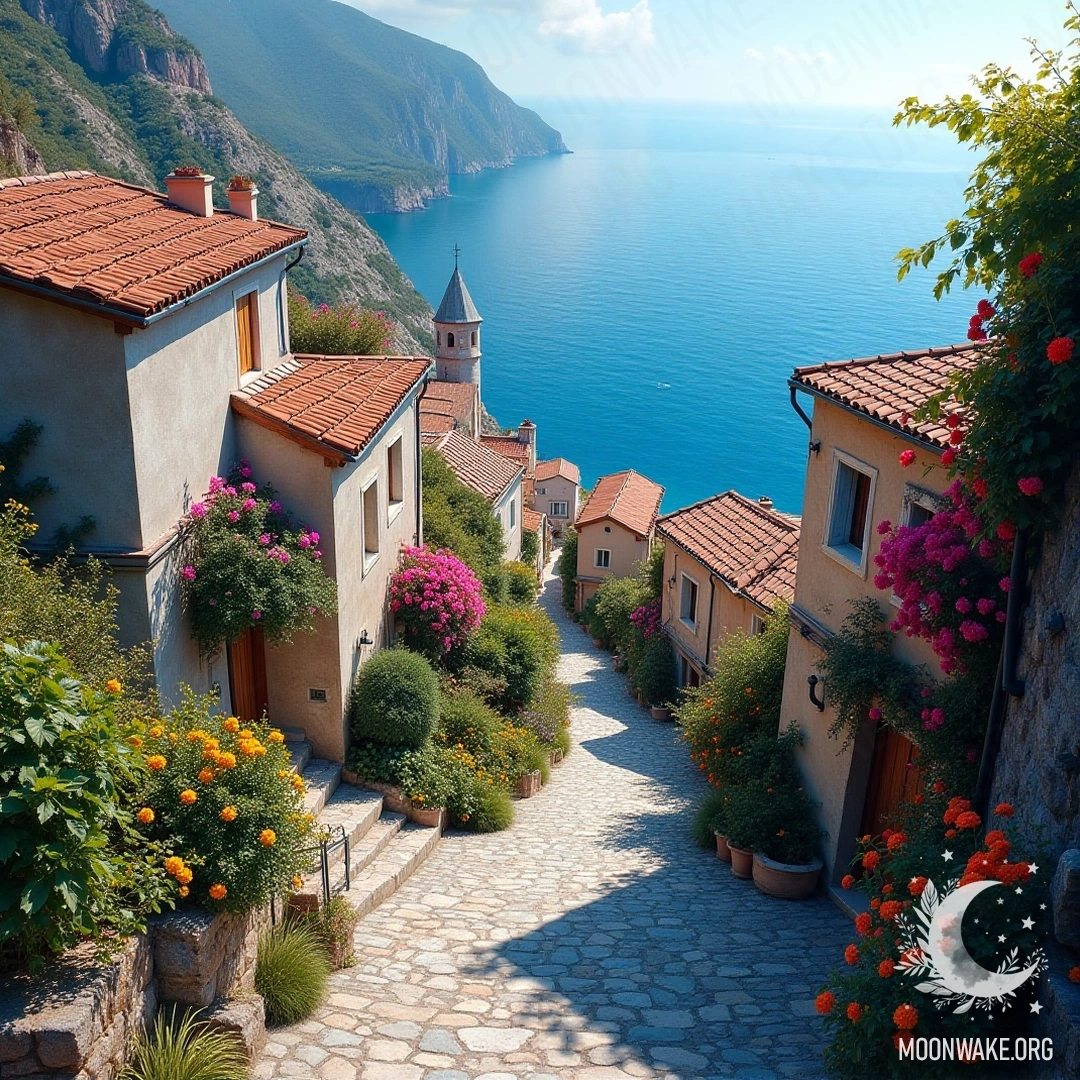 A picturesque coastal village with cliffside houses and blooming flowers.