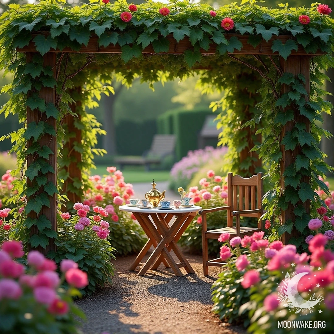 A garden filled with blooming flowers, a small tea table set with a teapot and cups, and a wooden chair under a pergola adorned with vines.