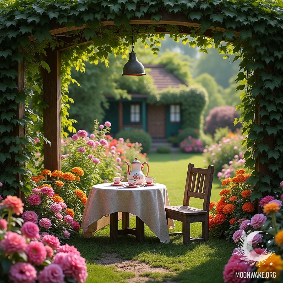 A garden filled with blooming flowers, a small tea table set with a teapot and cups, and a wooden chair under a pergola adorned with vines.