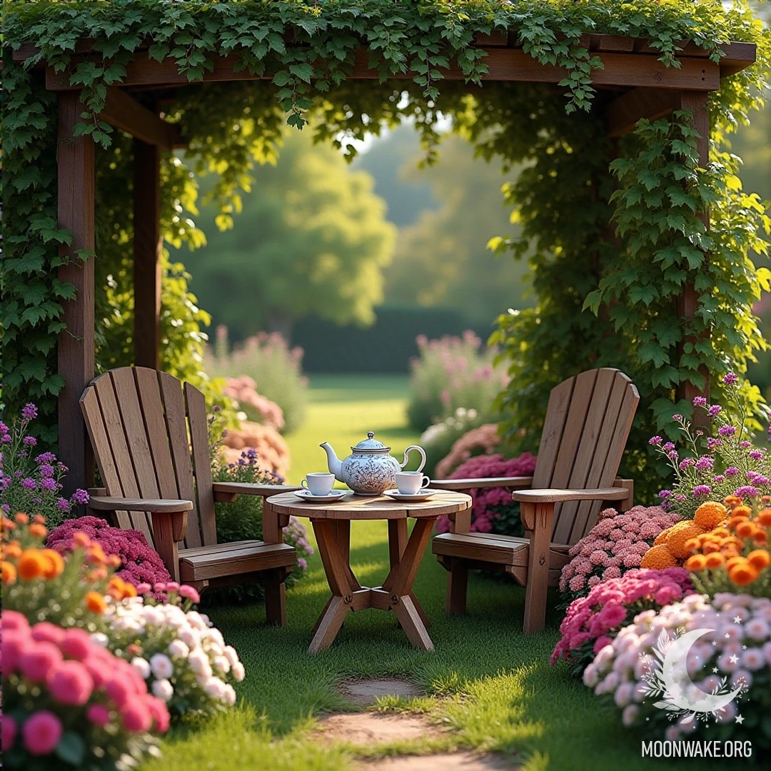 A garden filled with blooming flowers, a small tea table set with a teapot and cups, and a wooden chair under a pergola adorned with vines.