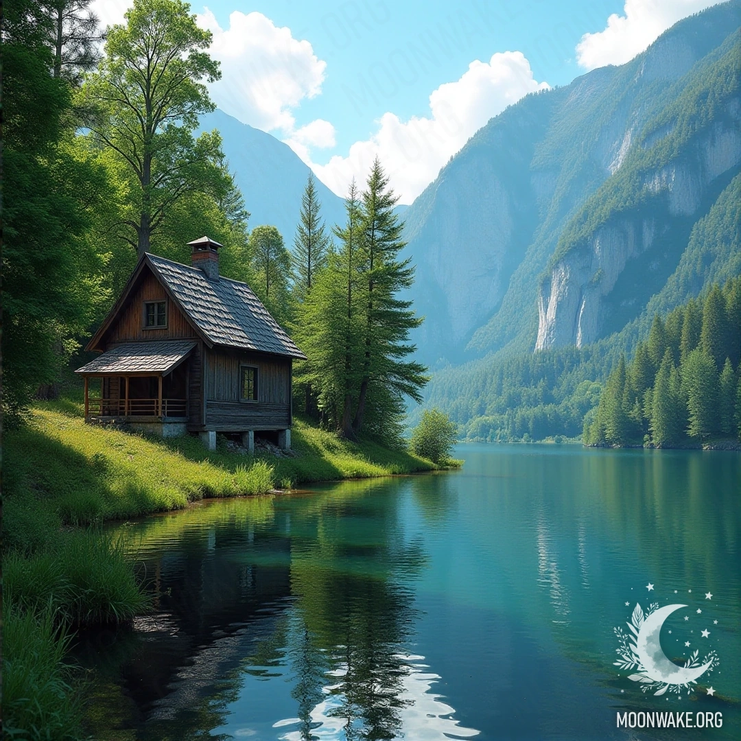A small wooden cabin beside a peaceful lake, surrounded by green trees and a blue sky.
