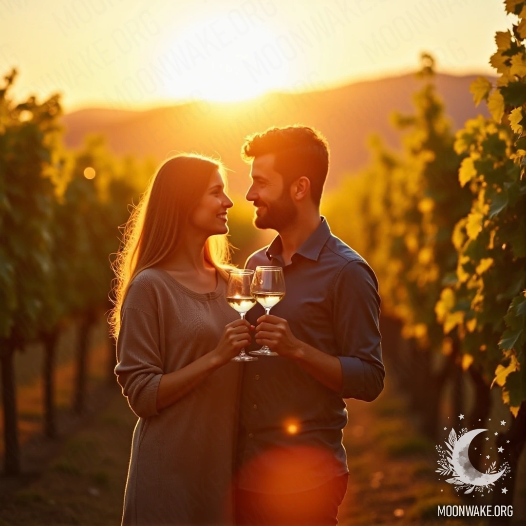 A couple clinks wine glasses in a vineyard at sunset, embraced by lush grapevines.