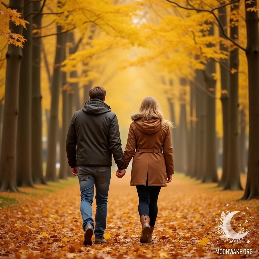 A couple holding hands, walking through an autumn forest with falling golden leaves.
