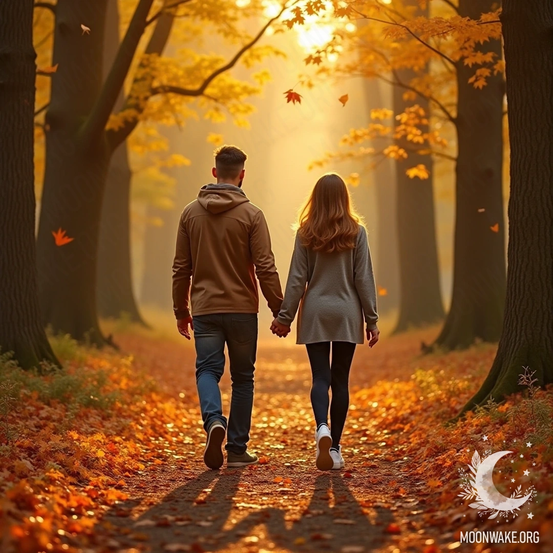 A couple holding hands, walking through an autumn forest with falling golden leaves.
