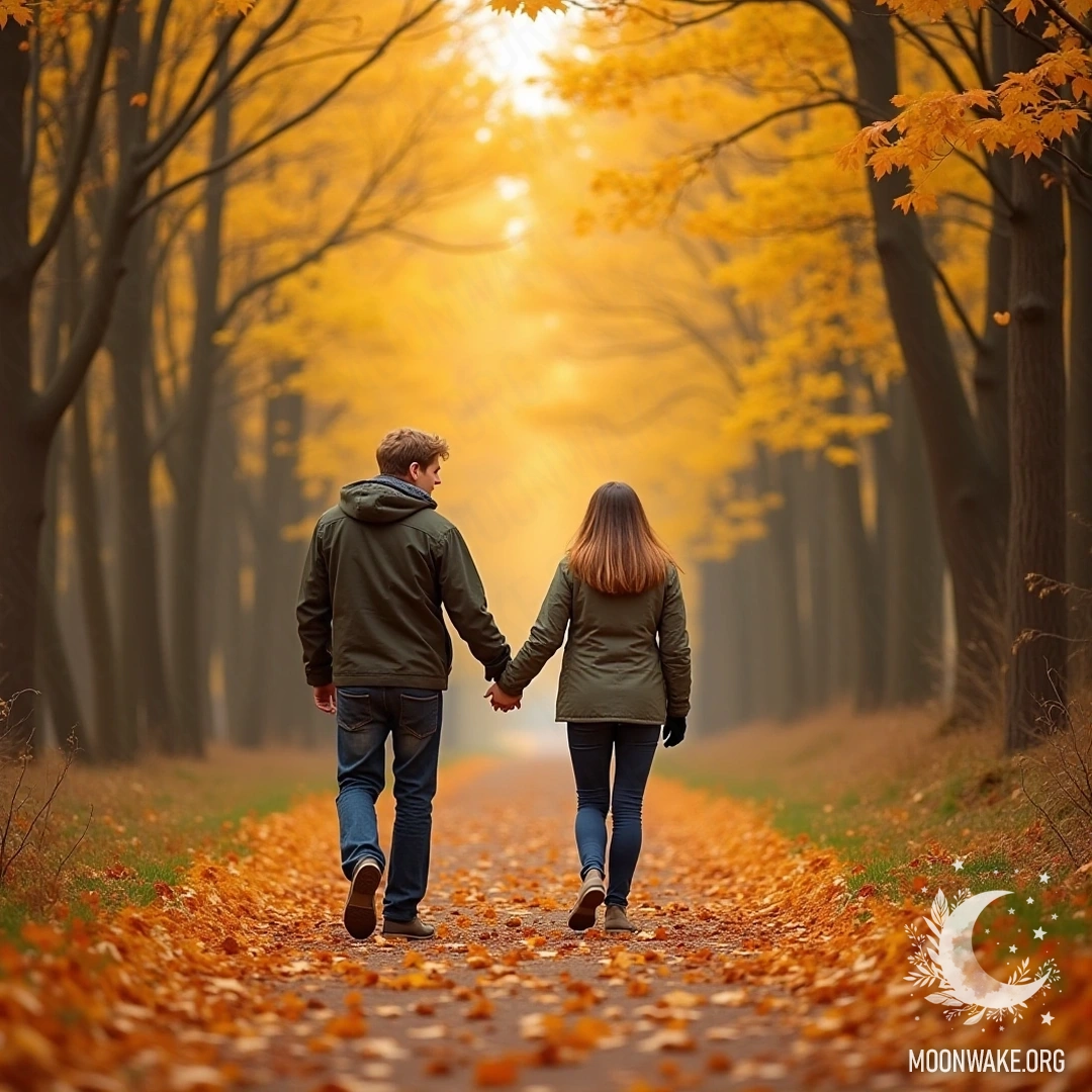 A couple holding hands, walking through an autumn forest with falling golden leaves.