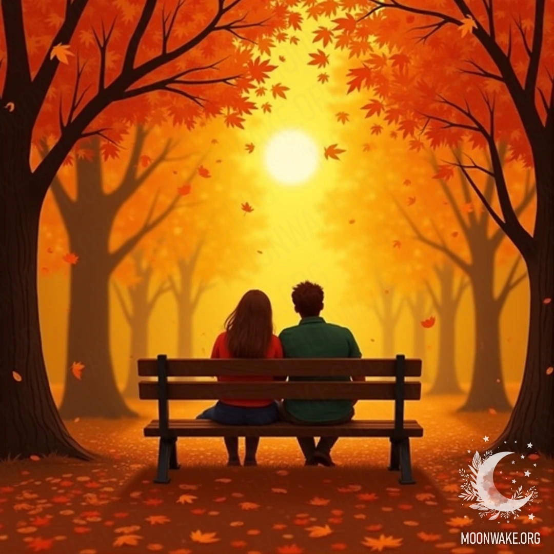 A couple sitting on a bench surrounded by autumn leaves during a golden sunset, creating a peaceful atmosphere.