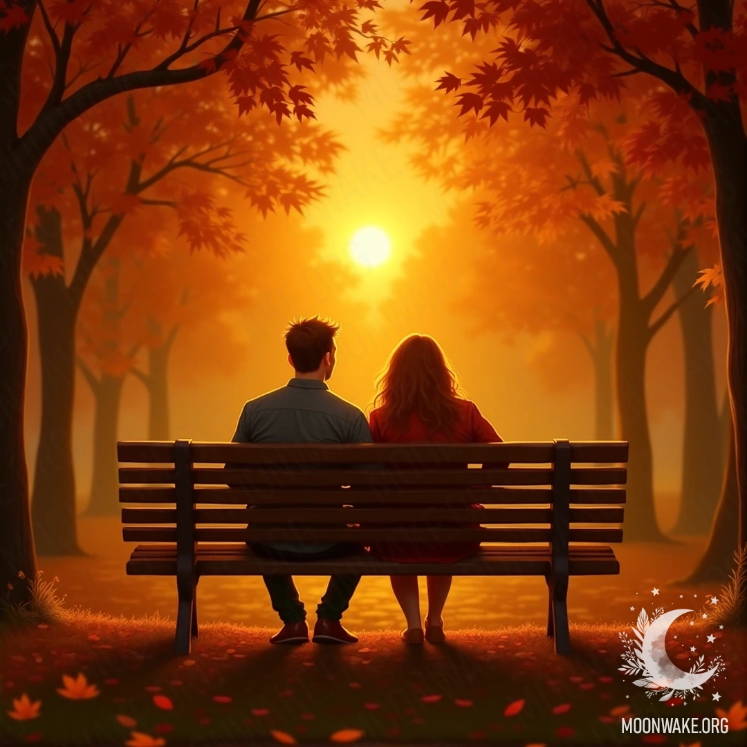 A couple sitting on a bench surrounded by autumn leaves during a golden sunset, creating a peaceful atmosphere.
