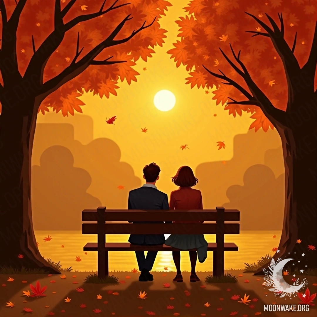 A couple sitting on a bench surrounded by autumn leaves during a golden sunset, creating a peaceful atmosphere.