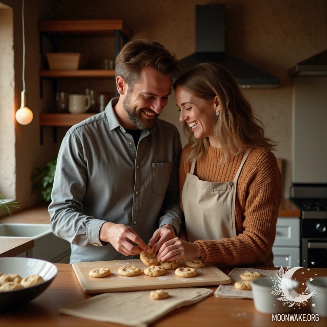 A couple joyfully baking cookies together in a warm kitchen.