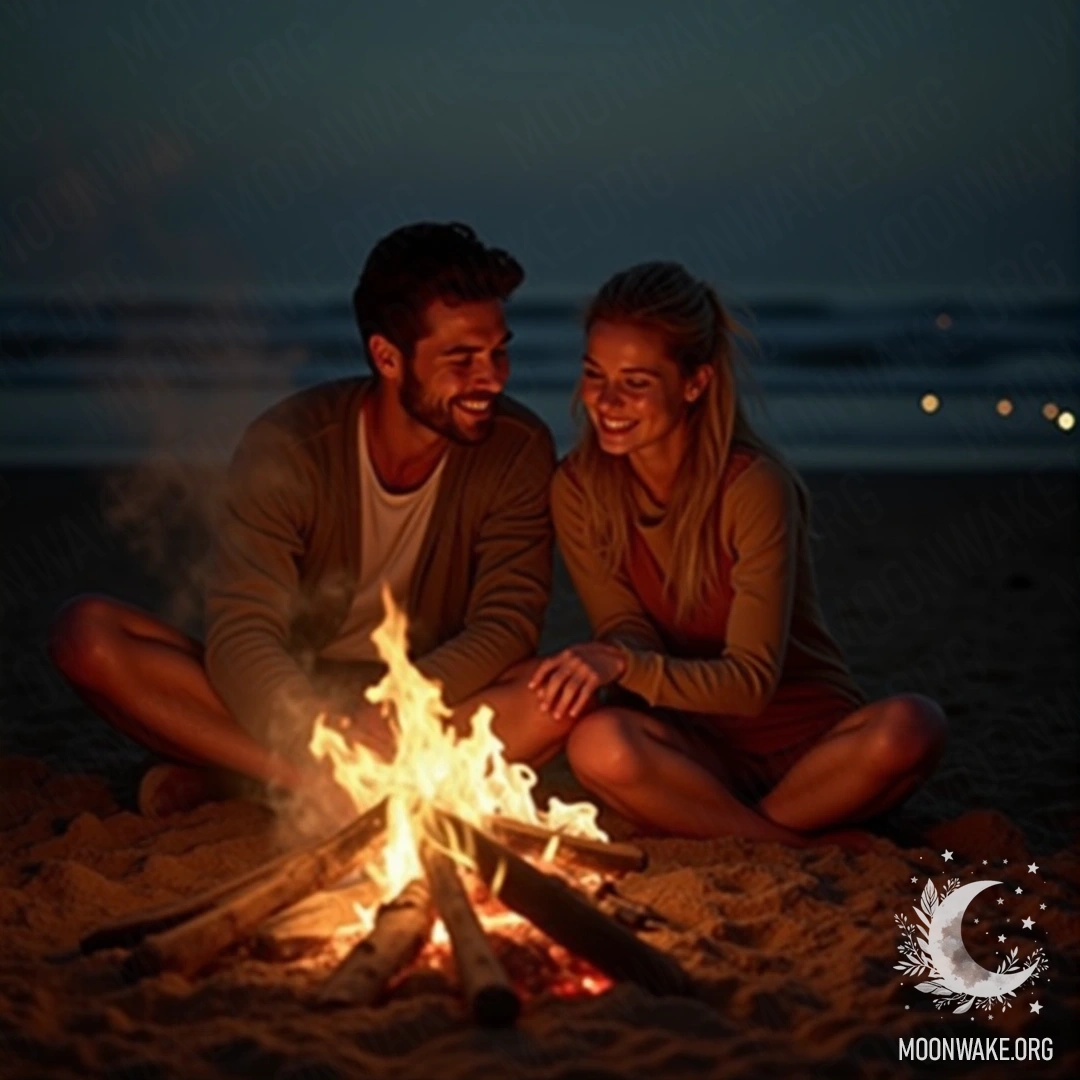 A couple enjoys a cozy bonfire on the beach surrounded by friends.