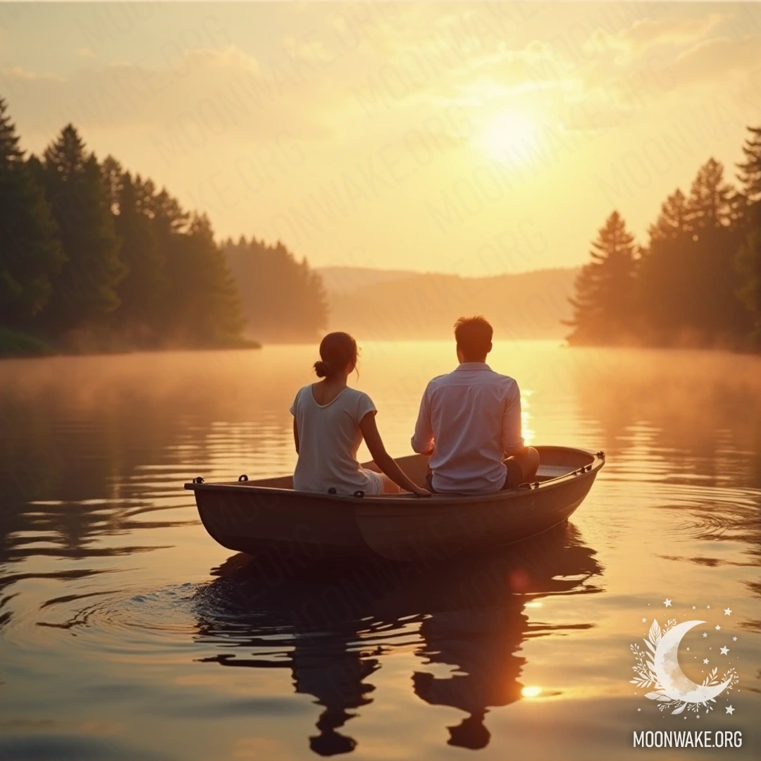 A couple enjoying a peaceful boat ride on a calm lake at dawn