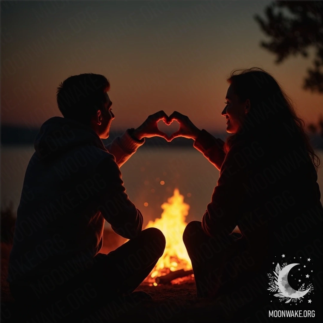 A couple sitting by a bonfire, forming a heart shape with their hands.