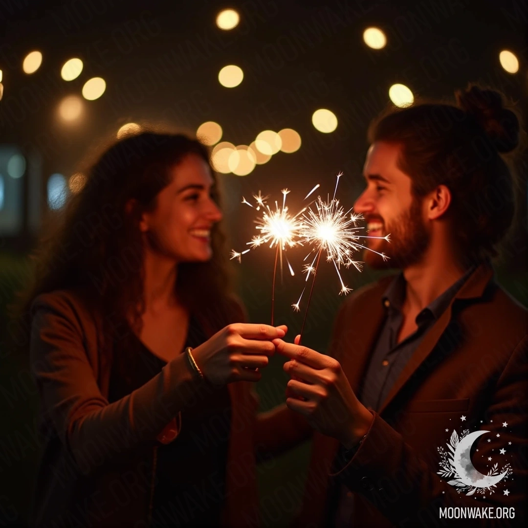 A couple joyfully counting down to midnight while holding sparklers.