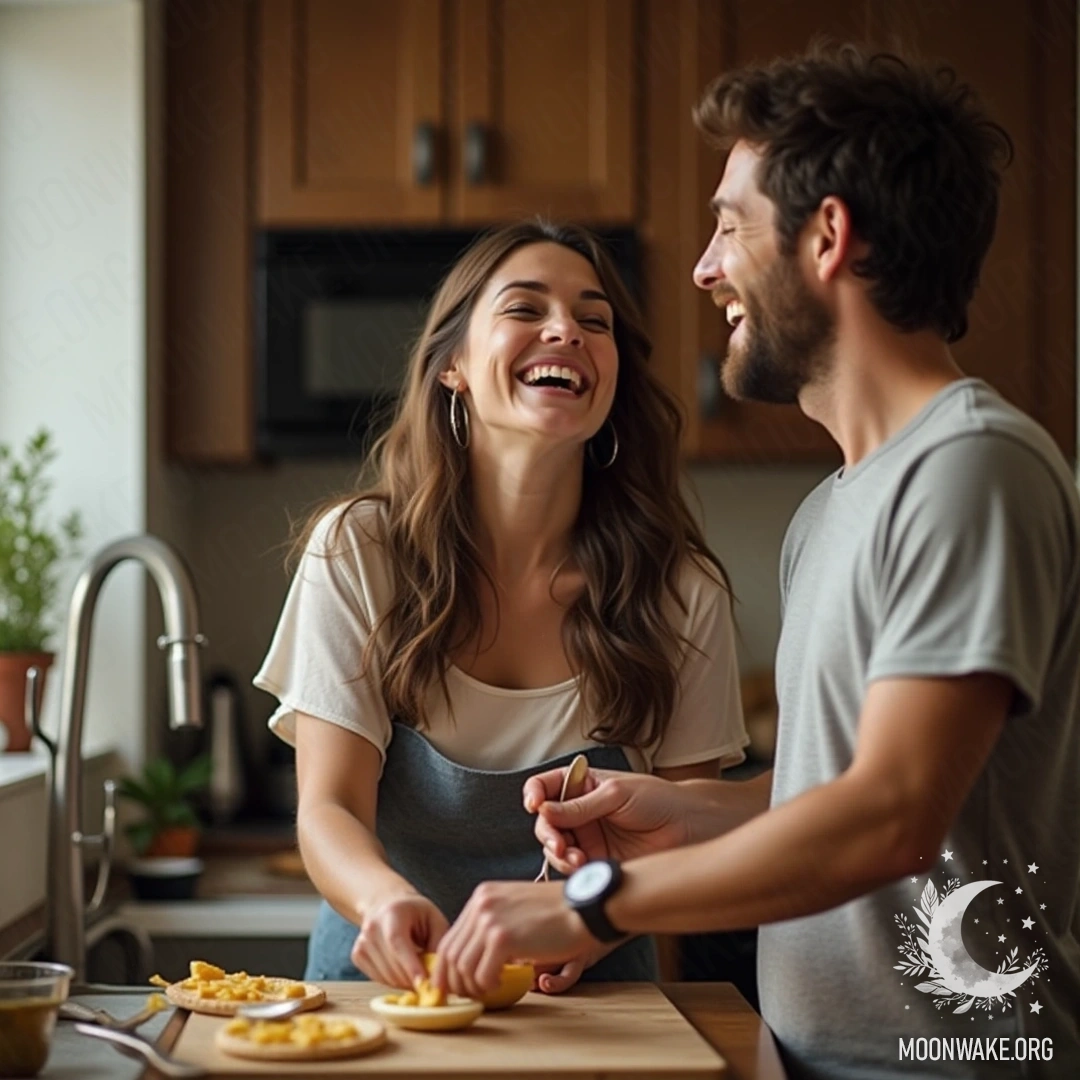 A couple cooking together in a cozy kitchen, laughing and enjoying the moment.
