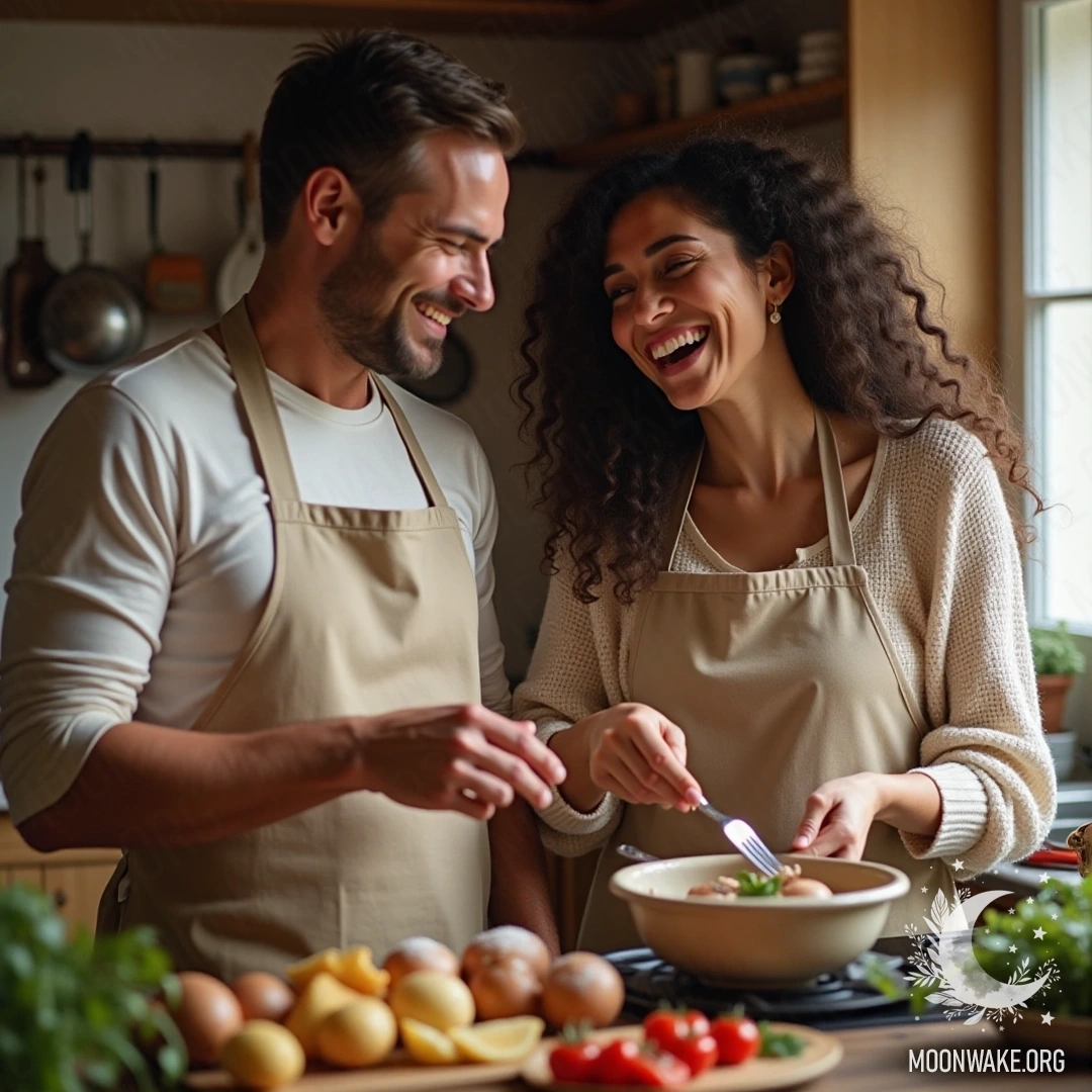 A couple cooking together in a cozy kitchen, laughing and enjoying the moment.