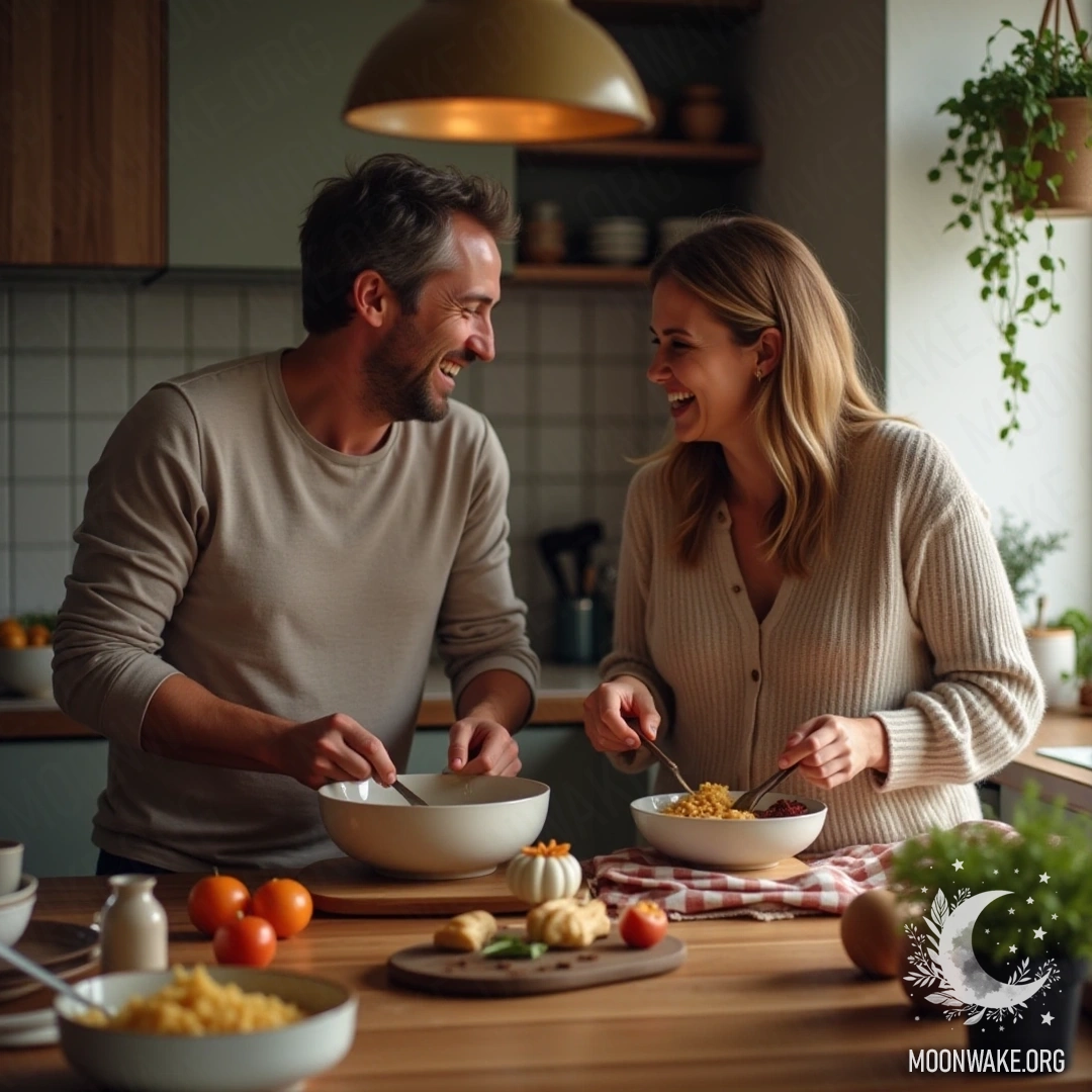 A joyful couple cooking a meal together in a warm, inviting kitchen.