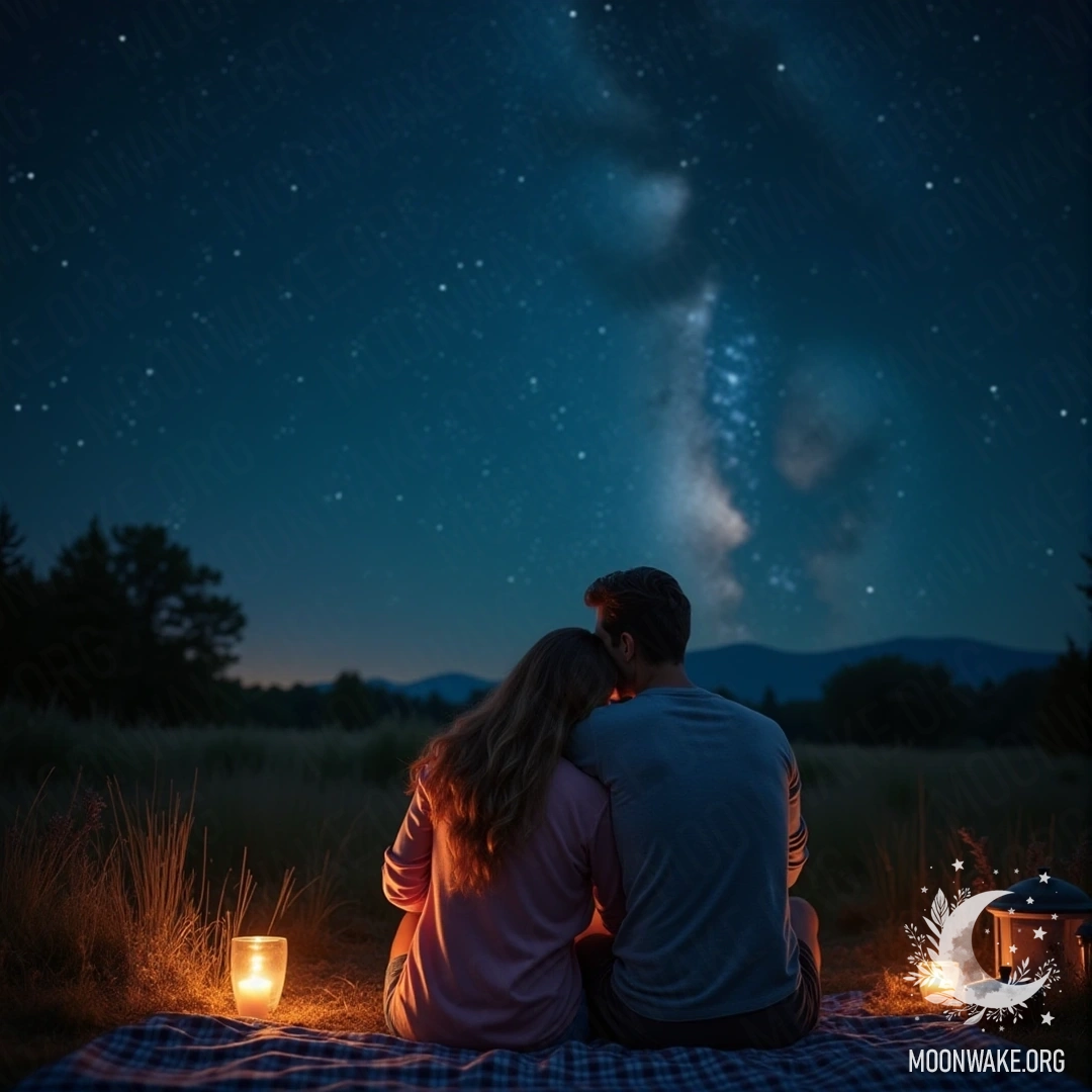 A couple cuddles on a picnic blanket under a starry sky.