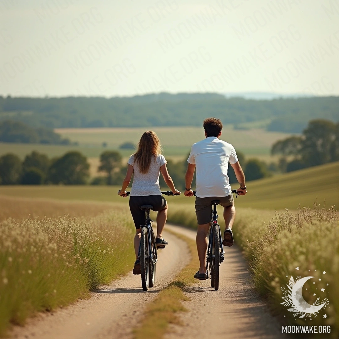 A couple riding bicycles through a beautiful countryside landscape, surrounded by lush fields and nature.