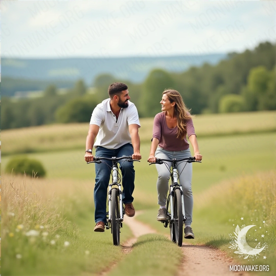 A couple riding bicycles through a beautiful countryside, smiling.