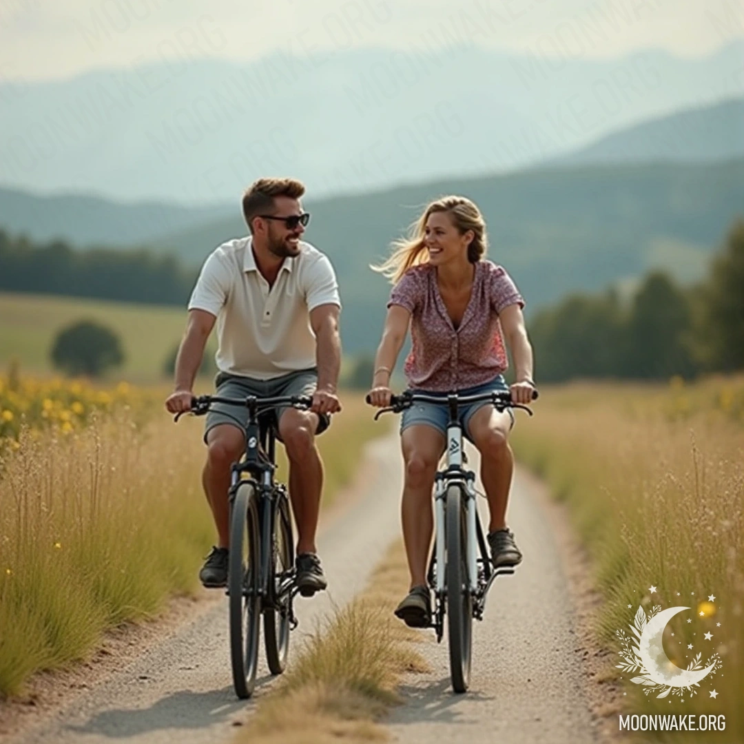 A couple riding bicycles through a beautiful countryside, smiling.
