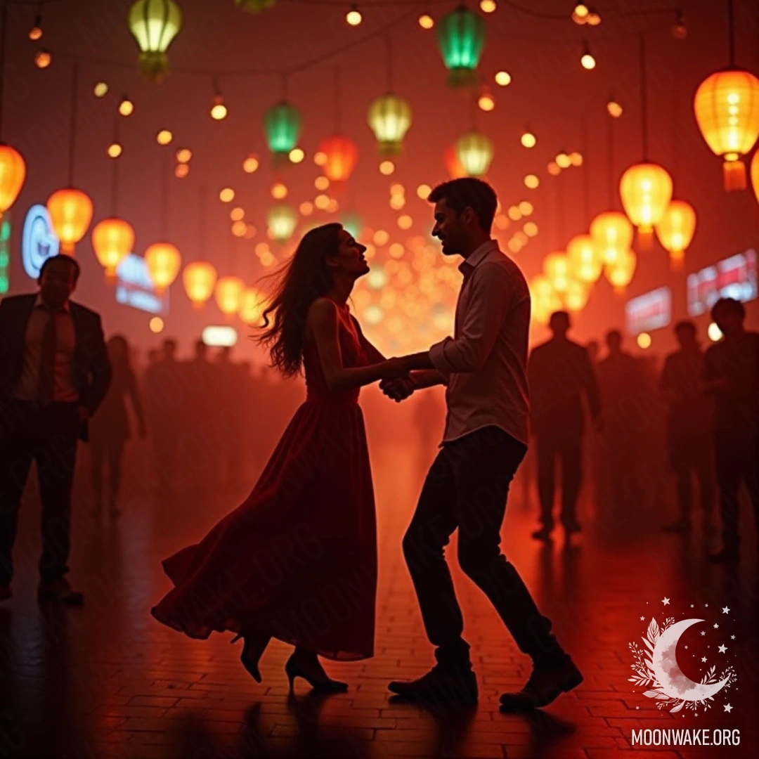 A joyful couple dances in the street amidst colorful festival lights and lanterns.