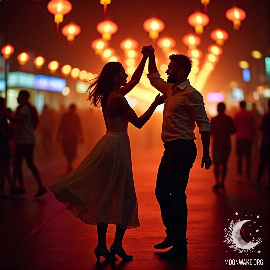 A joyful couple dances in the street amidst colorful festival lights and lanterns.