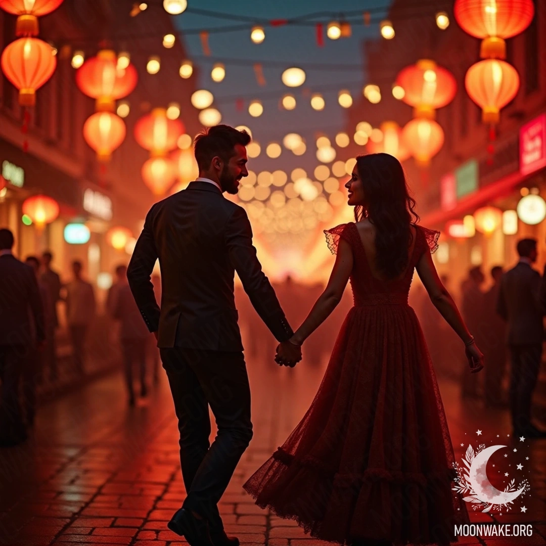 A joyful couple dances in the street amidst colorful festival lights and lanterns.