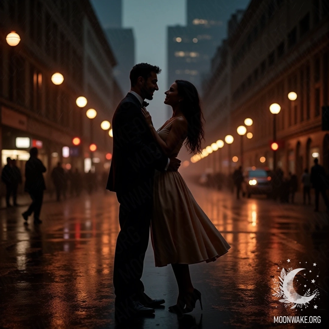 A romantic couple dancing together in the rain with city lights behind them.