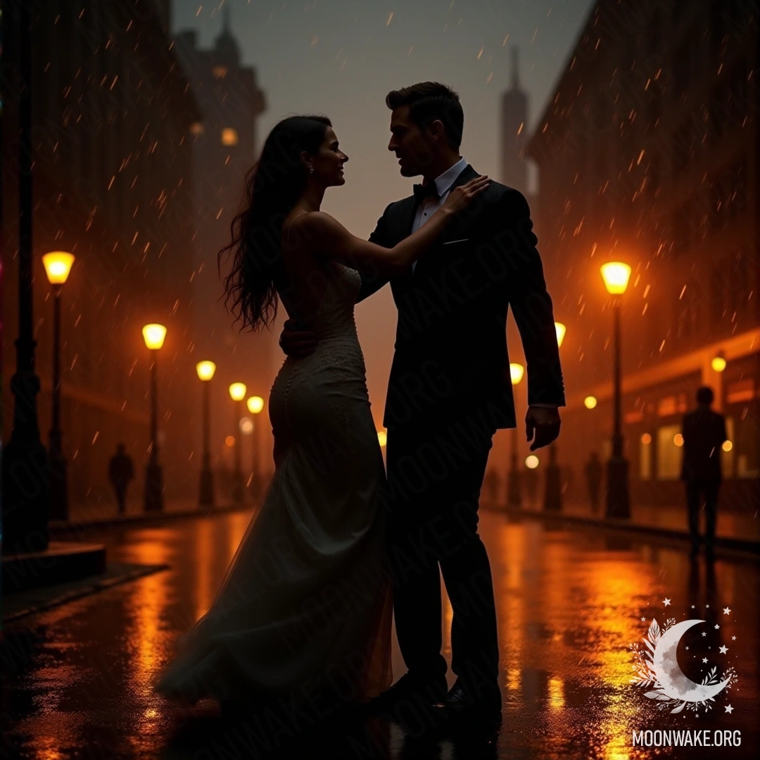 A romantic couple dancing together in the rain with city lights behind them.