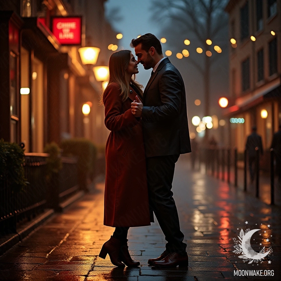 A romantic couple dancing together in the rain with city lights behind them.