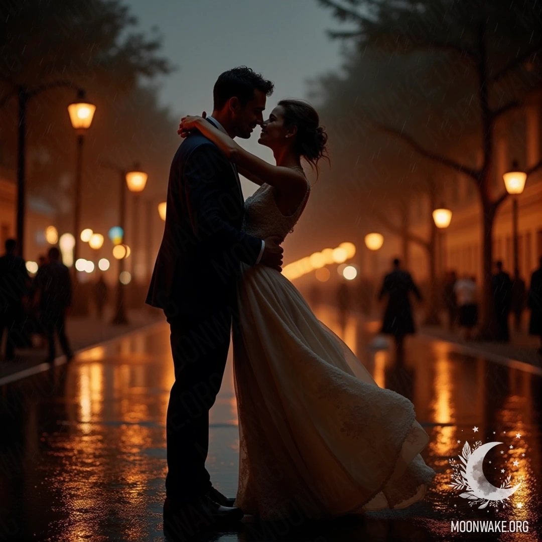 A couple dancing together in the rain with city lights behind them.