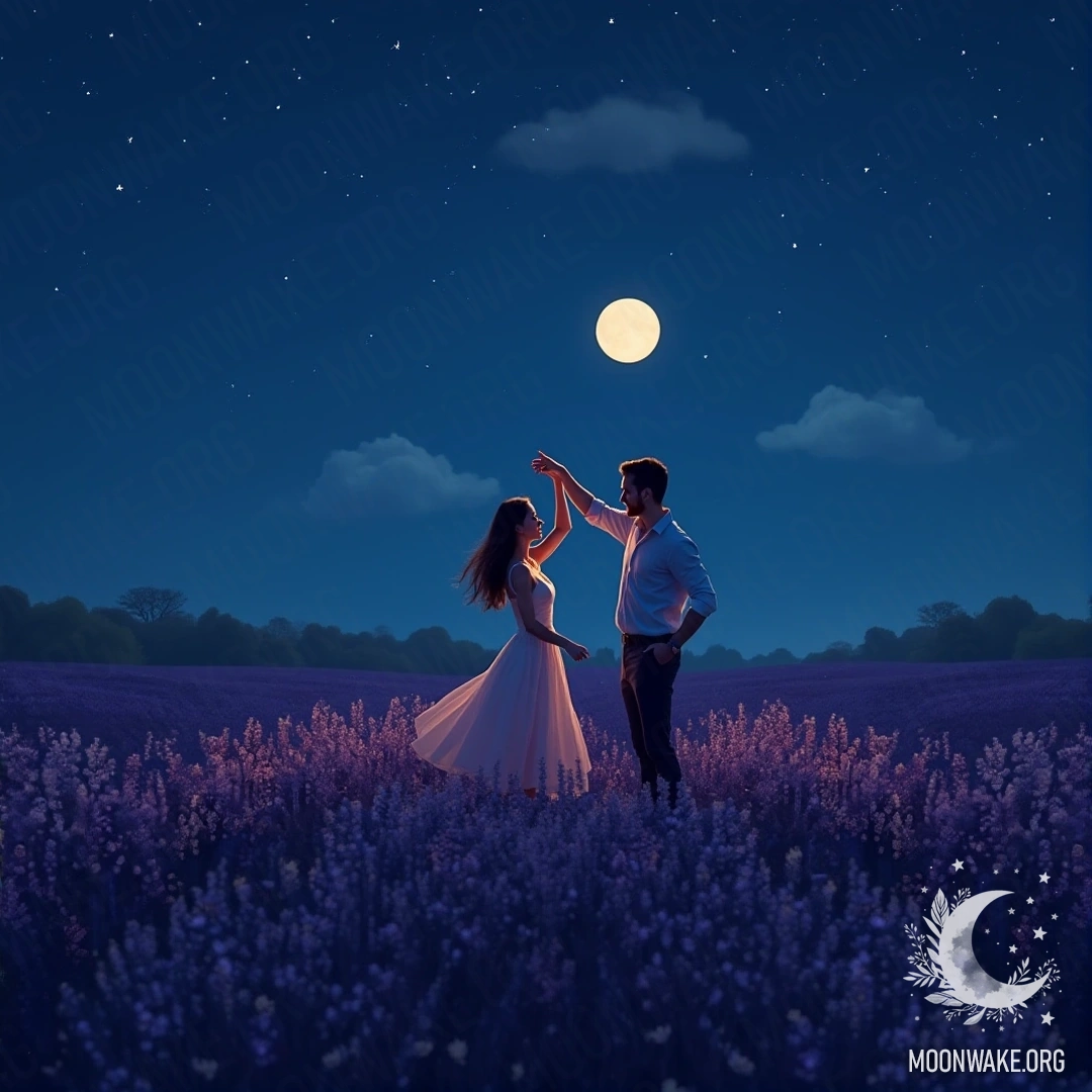 A couple gracefully dancing in a lavender field illuminated by moonlight.
