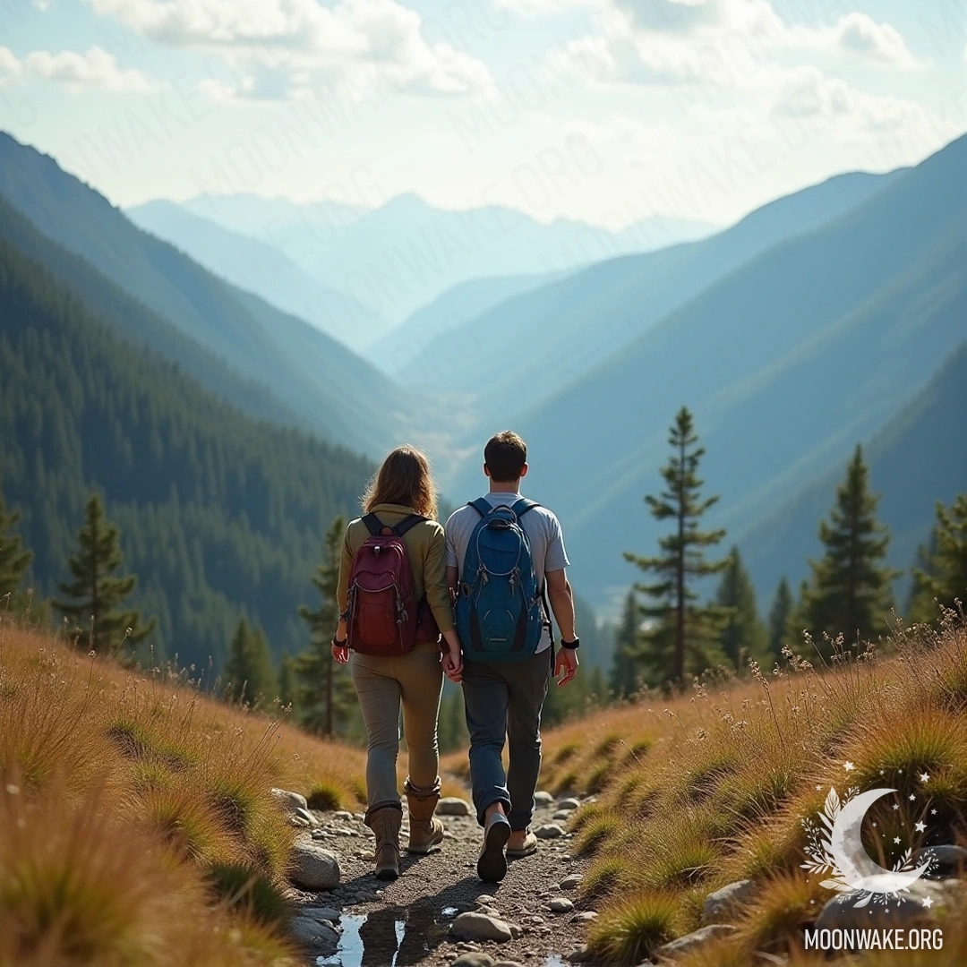 A couple hiking together in the mountains, enjoying spectacular views of nature.