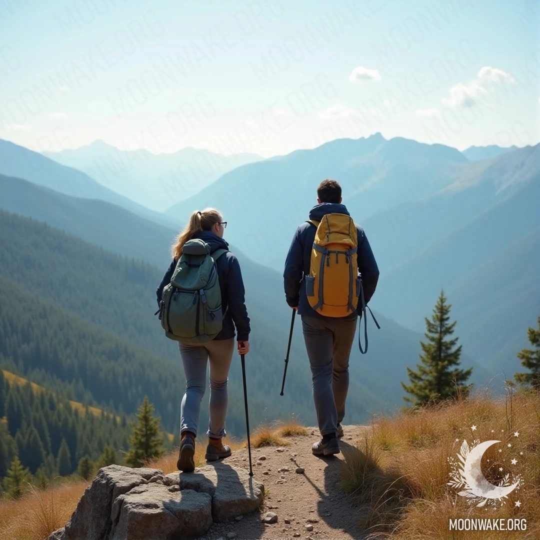 A couple stands atop a mountain, gazing at the stunning view.