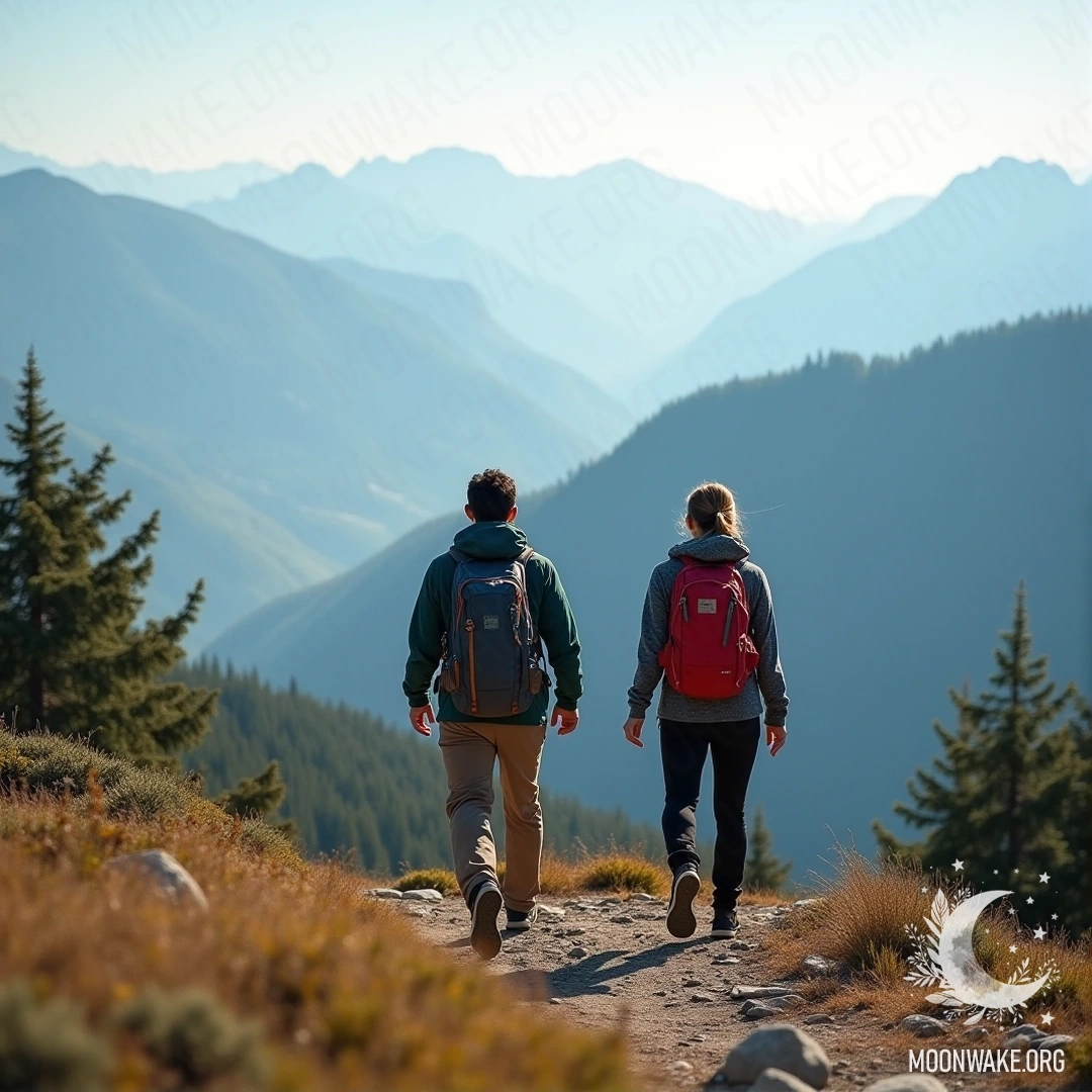 A couple stands atop a mountain, gazing at the stunning view.