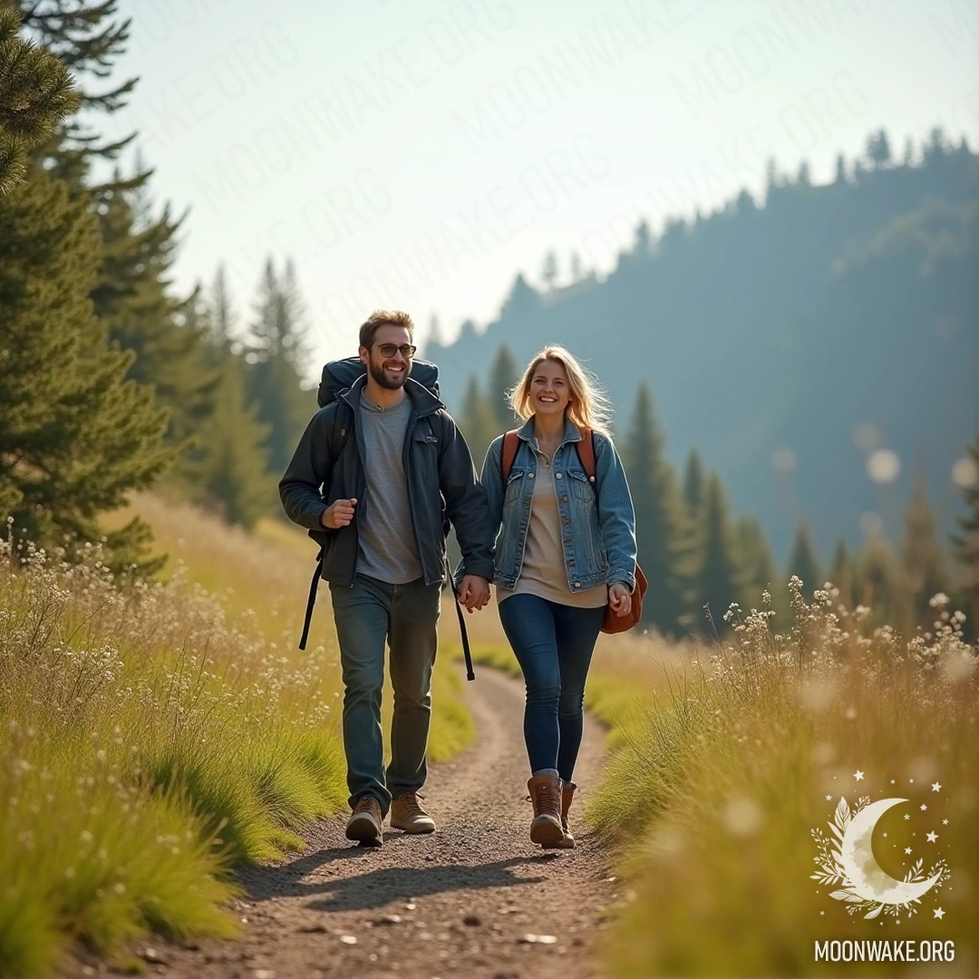 A couple hiking together on a mountain trail surrounded by greenery
