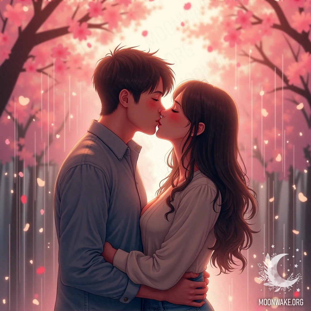 A couple sharing a romantic kiss beneath a shower of pink cherry blossoms.