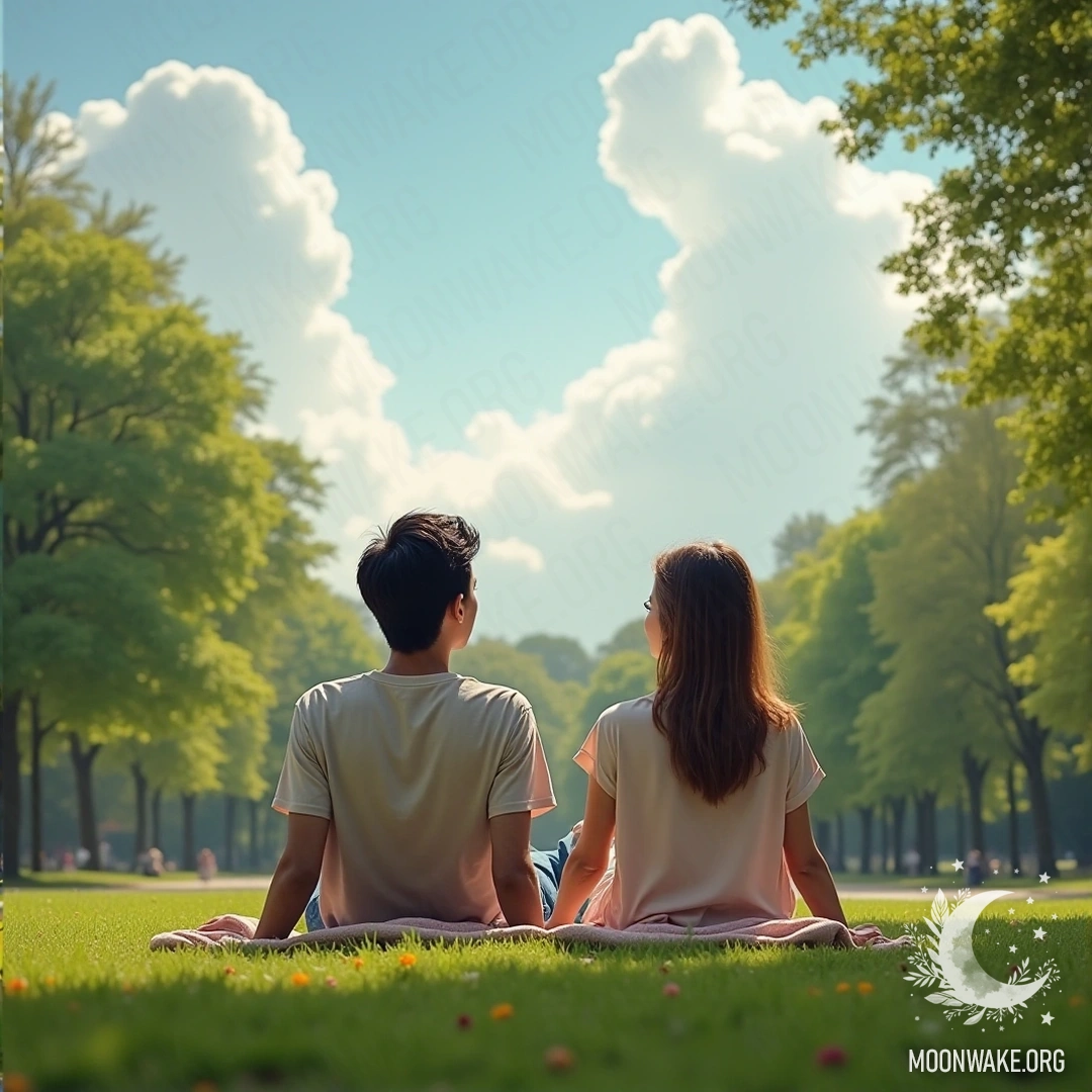 A couple lying on the grass, gazing up at the clouds in a park.