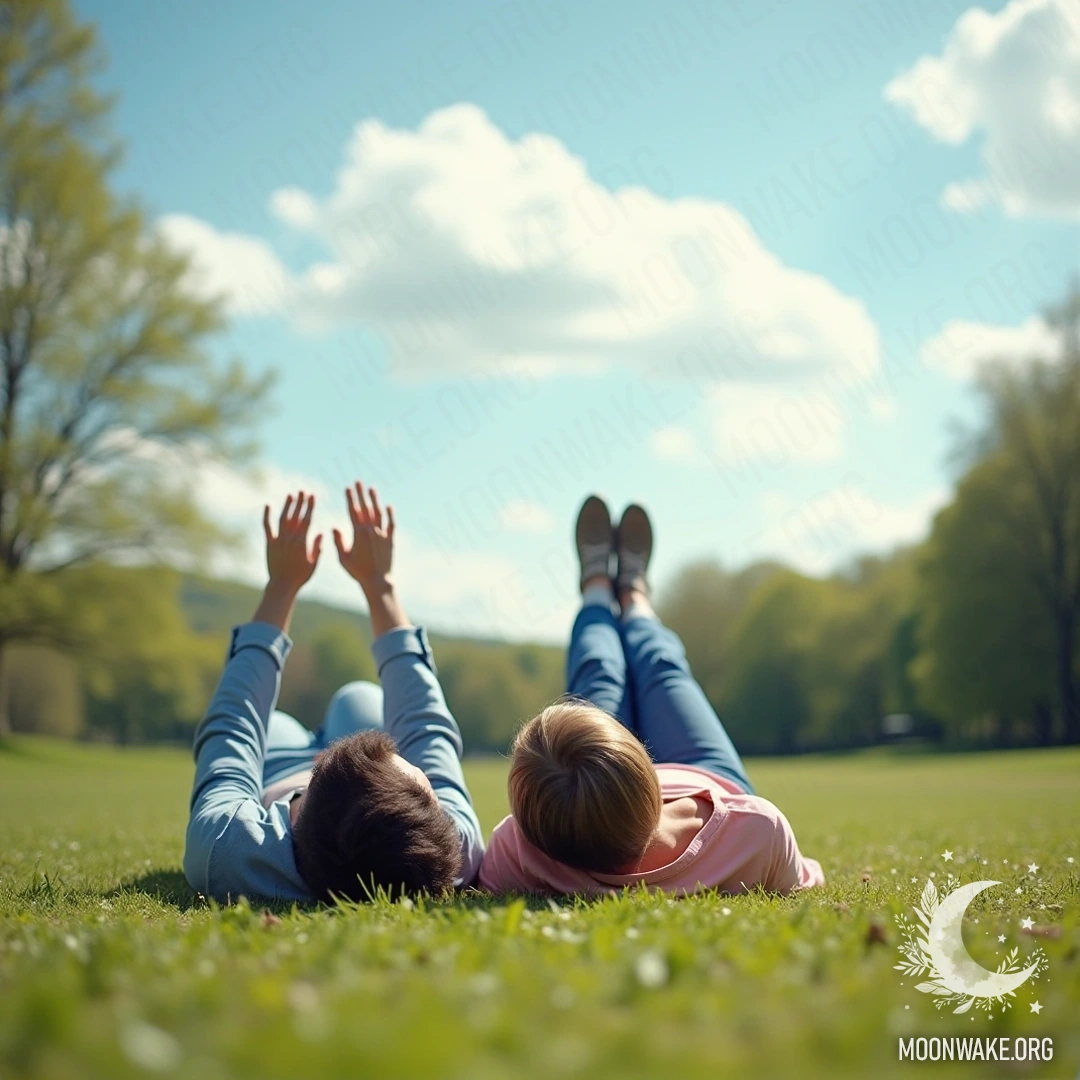A couple lying on grass, gazing at fluffy clouds in the sky.